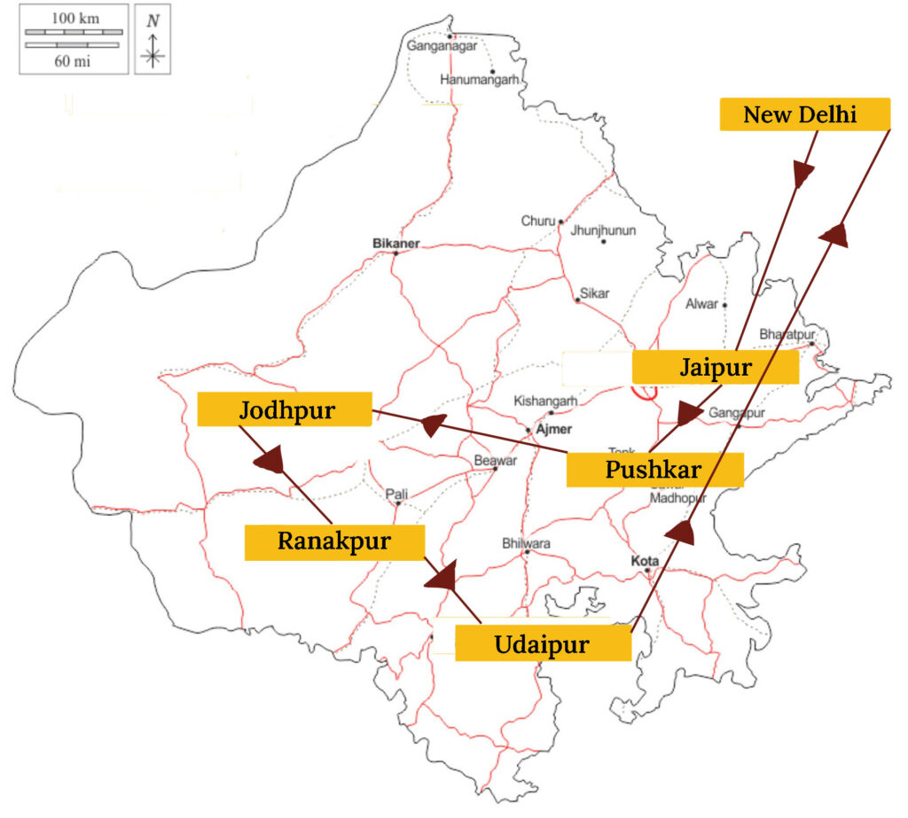 Map of Rajasthan highlighting key destinations for a travel itinerary, including New Delhi, Jaipur, Pushkar, Jodhpur, Ranakpur, and Udaipur, with marked routes connecting each city.