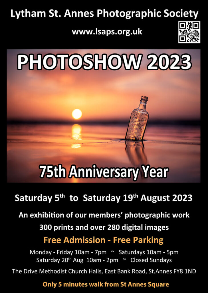 A poster advertising Lytham St. Annes Photographic Society's Annual Exhibition 2023 using an image by Elaine Cook