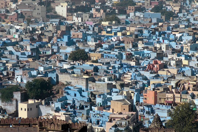 Aerial view of Jodhpur, also known as the Blue City, with its myriad houses painted in various shades of blue, interspersed with hints of other colors, under the bright sunlight.