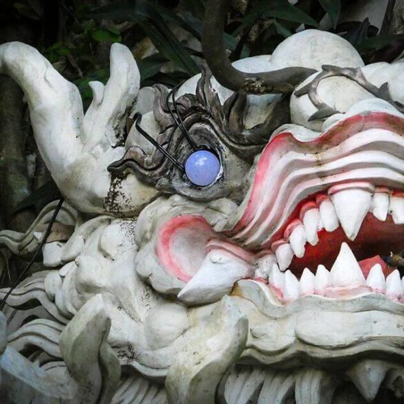 Close-up of a dragon sculpture with intricate details at Marble Mountain, Vietnam