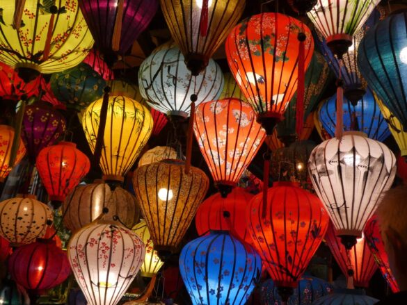 Handcrafted lanterns displayed at a market in Hoi An, Vietnam