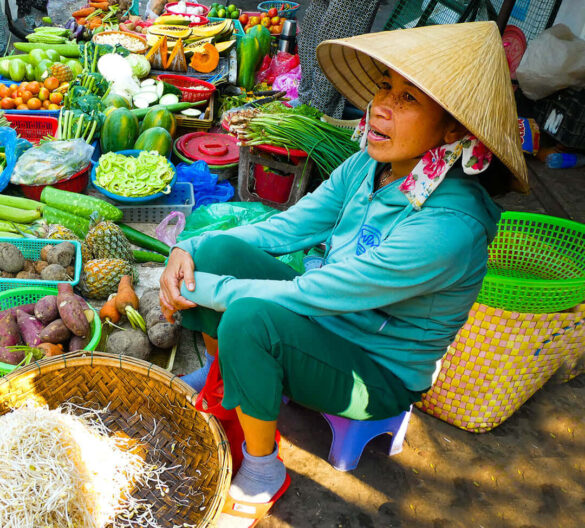 A street vendor in Hanoi surrounded by fresh produce