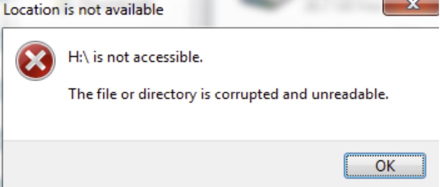 A screen shot of a disk corruption error message